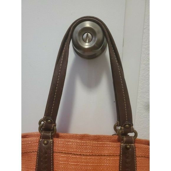 Fossil Tote Bag Salmon Fabric with Brown Leather Straps Small - Picture 3 of 8